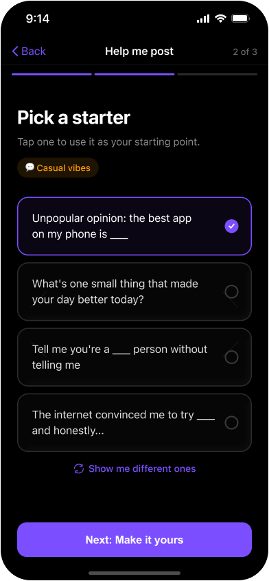 Guided First-Post Mode — Step 2: Pick a Starter